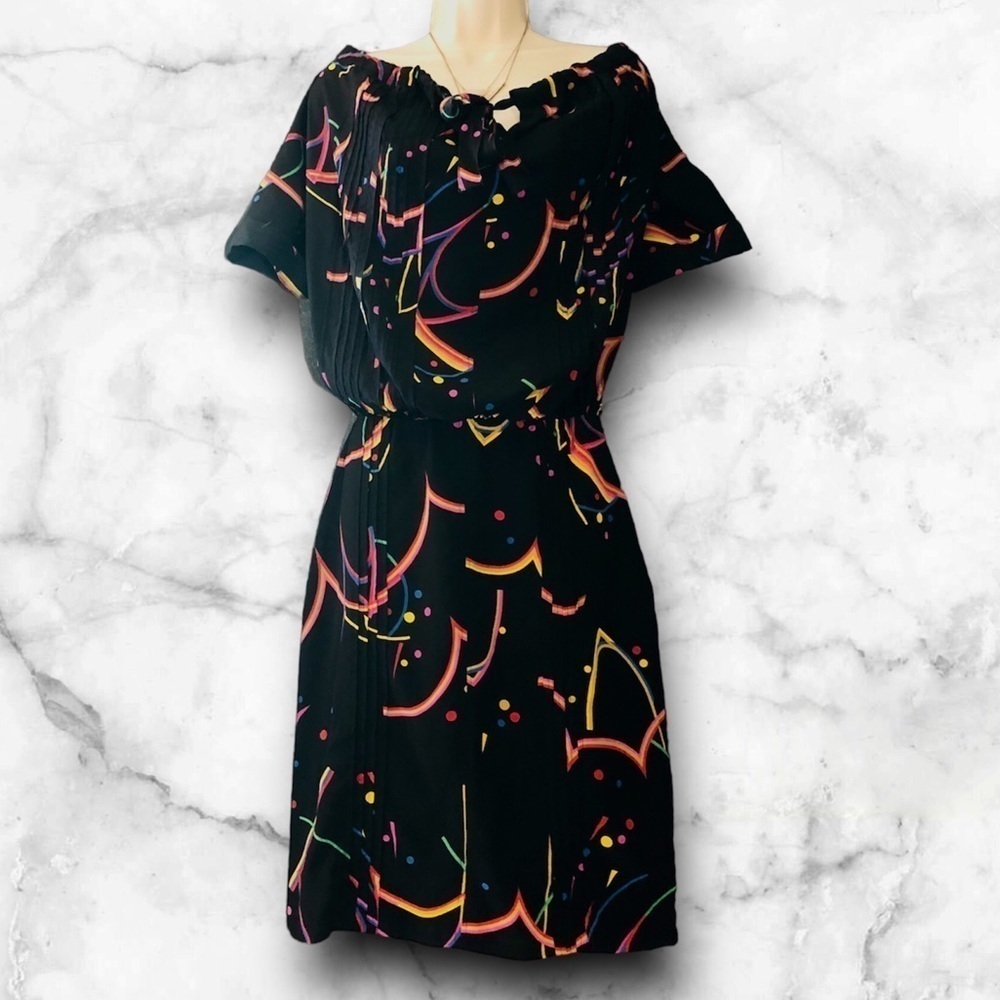 : : PRADA Silk Off Shoulder Multicolor Fun Print Dress : :​ - Picture 2 of 16